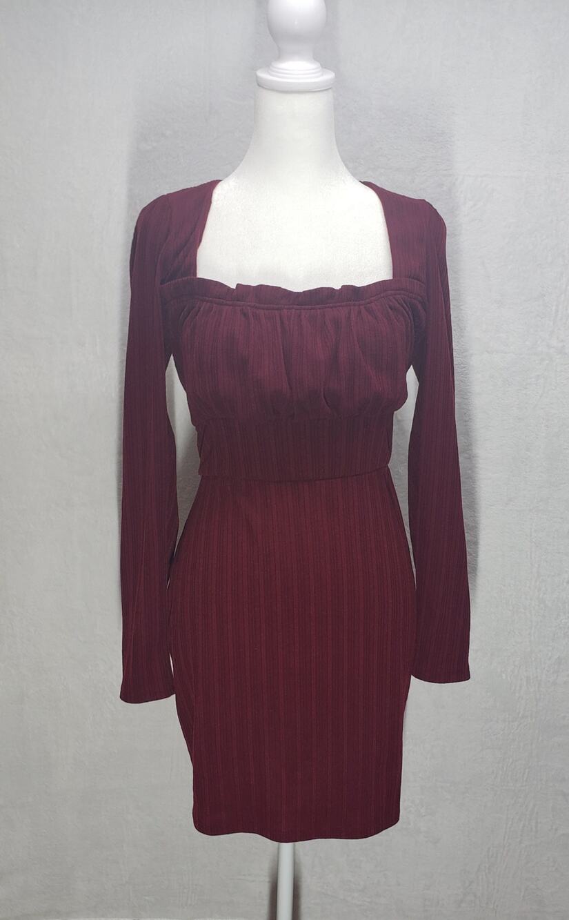 Trixxi Juniors XL Burgundy Square Neck Shirred Mini Dress Coquette Romantic